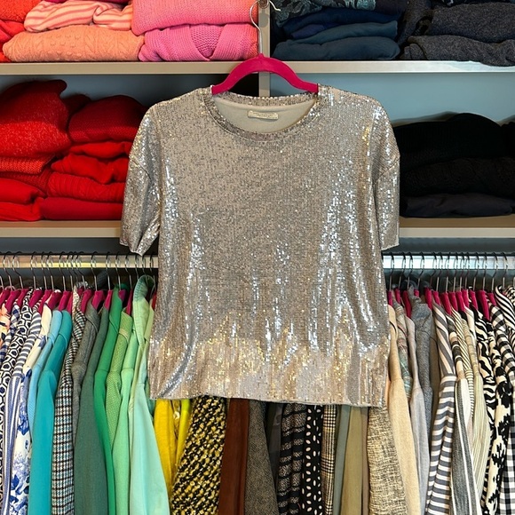 Zara Trafaluc silver sequin short sleeve t shirt size S - Picture 1 of 3